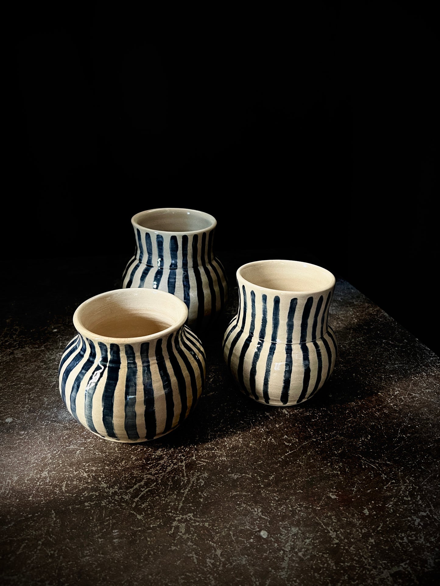 Three Blue Striped Vases